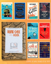 Load image into Gallery viewer, “Blind Date with a Book” Cosy Crime book package wrapped in botanical kraft paper, displayed alongside popular cosy crime book examples including on a yellow orange background.