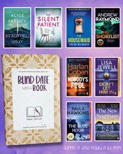 Load image into Gallery viewer, “Blind Date with a Book” thriller book package wrapped in botanical kraft paper, displayed alongside popular thriller book examples including Freida McFadden and Lisa Jewel on a purple background.