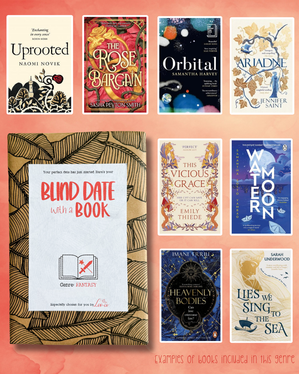 “Blind Date with a Book” Fantasy book package wrapped in botanical kraft paper, displayed alongside popular fantasy book examples including Heavenly Bodies, Uprooted, A Court Of Thorns And Roses and Watermoon on a red background.