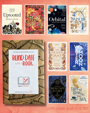 Load image into Gallery viewer, “Blind Date with a Book” Fantasy book package wrapped in botanical kraft paper, displayed alongside popular fantasy book examples including Heavenly Bodies, Uprooted, A Court Of Thorns And Roses and Watermoon on a red background.
