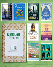 Load image into Gallery viewer, “Blind Date with a Book” historical fiction book package wrapped in botanical kraft paper, displayed alongside popular historical fiction book examples on a green background.
