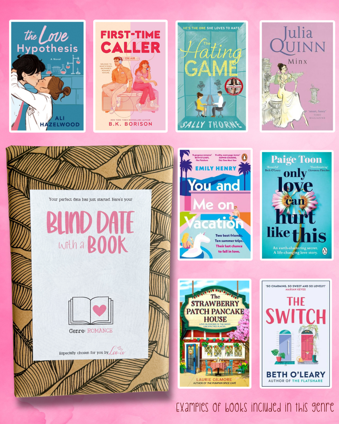 “Blind Date with a Book” romance book package wrapped in botanical kraft paper, displayed alongside popular romance book examples including The Love Hypothesis, The Hating Game, and You and Me on Vacation on a pink background.