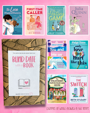 Load image into Gallery viewer, “Blind Date with a Book” romance book package wrapped in botanical kraft paper, displayed alongside popular romance book examples including The Love Hypothesis, The Hating Game, and You and Me on Vacation on a pink background.
