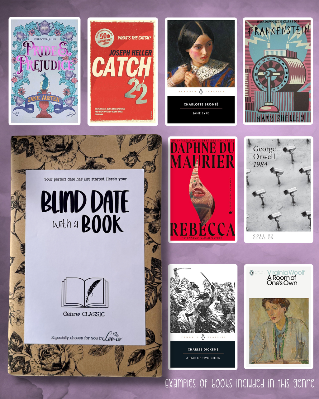 “Blind Date with a Book” Classic book package wrapped in botanical kraft paper, displayed alongside popular classic book examples including Pride and Prejudice, Persuasion, Jane Austen, Virginia Wolf, Captain Corelli’s Mandolin on a dusky purple background.