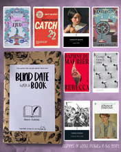 Load image into Gallery viewer, “Blind Date with a Book” Classic book package wrapped in botanical kraft paper, displayed alongside popular classic book examples including Pride and Prejudice, Persuasion, Jane Austen, Virginia Wolf, Captain Corelli’s Mandolin on a dusky purple background.
