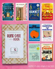 Load image into Gallery viewer, “Blind Date with a Book” emotive book package wrapped in botanical kraft paper, displayed alongside popular emotional, beautiful book examples including The Midnight Hour, Tell Me Everything, James and cleopatra and frankenstein, Hamnet on a pink background.
