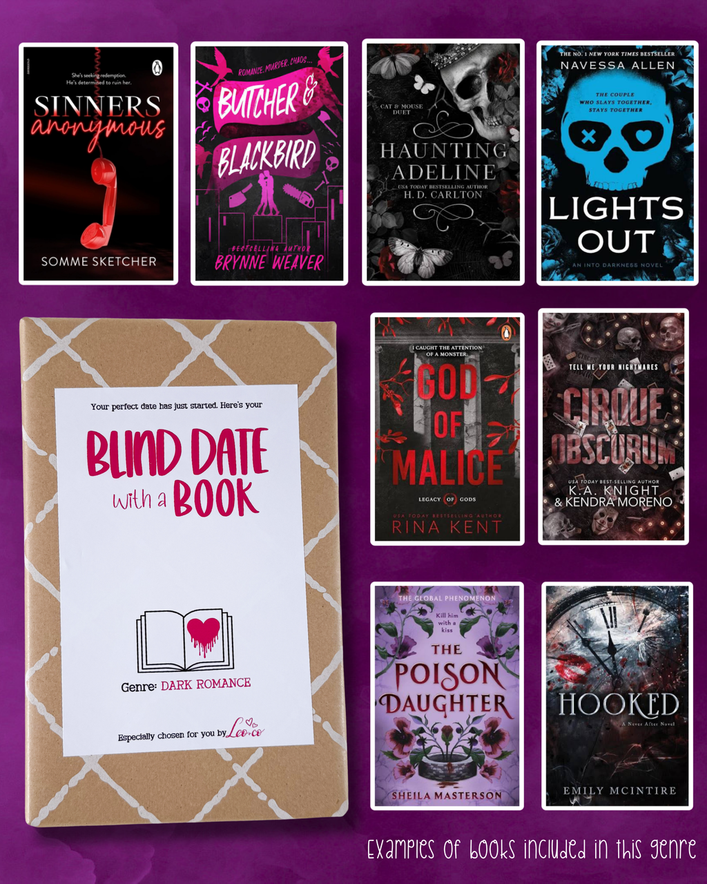 A promotional collage showing a kraft paper card labeled 'Blind Date with a Book' alongside eight book cover thumbnails on a purple background. The book covers include titles such as Sinners Anonymous, Blatcher to Blackbird, Haunting Adeleine, Lights Out, God of Malice, Crowns of Ash, The Poison Daughter, and Hooked.