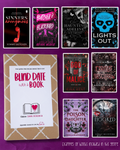 A promotional collage showing a kraft paper card labeled 'Blind Date with a Book' alongside eight book cover thumbnails on a purple background. The book covers include titles such as Sinners Anonymous, Blatcher to Blackbird, Haunting Adeleine, Lights Out, God of Malice, Crowns of Ash, The Poison Daughter, and Hooked.