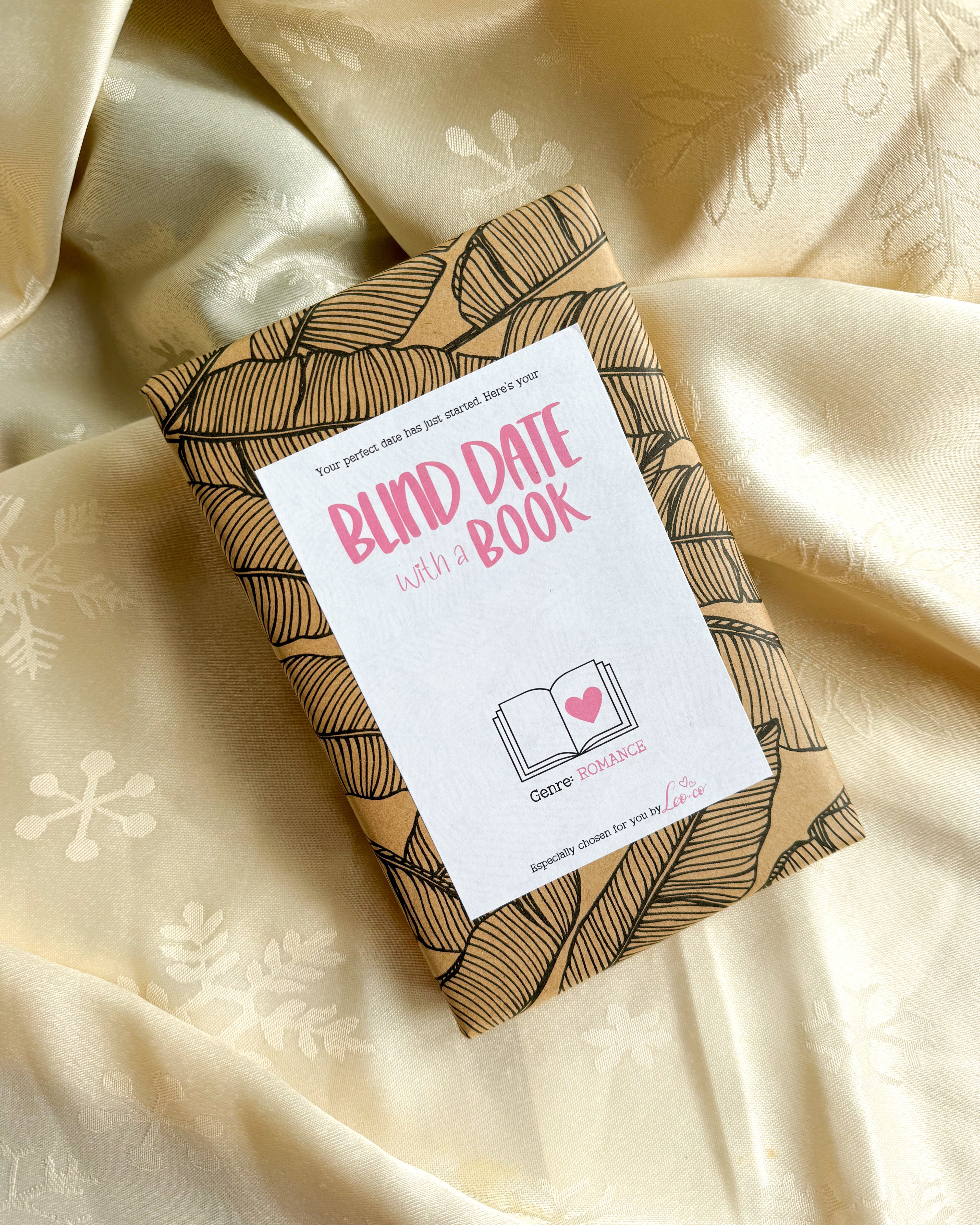 Blind Date with a Book Romance genre brand new book on a beautiful tablecloth 