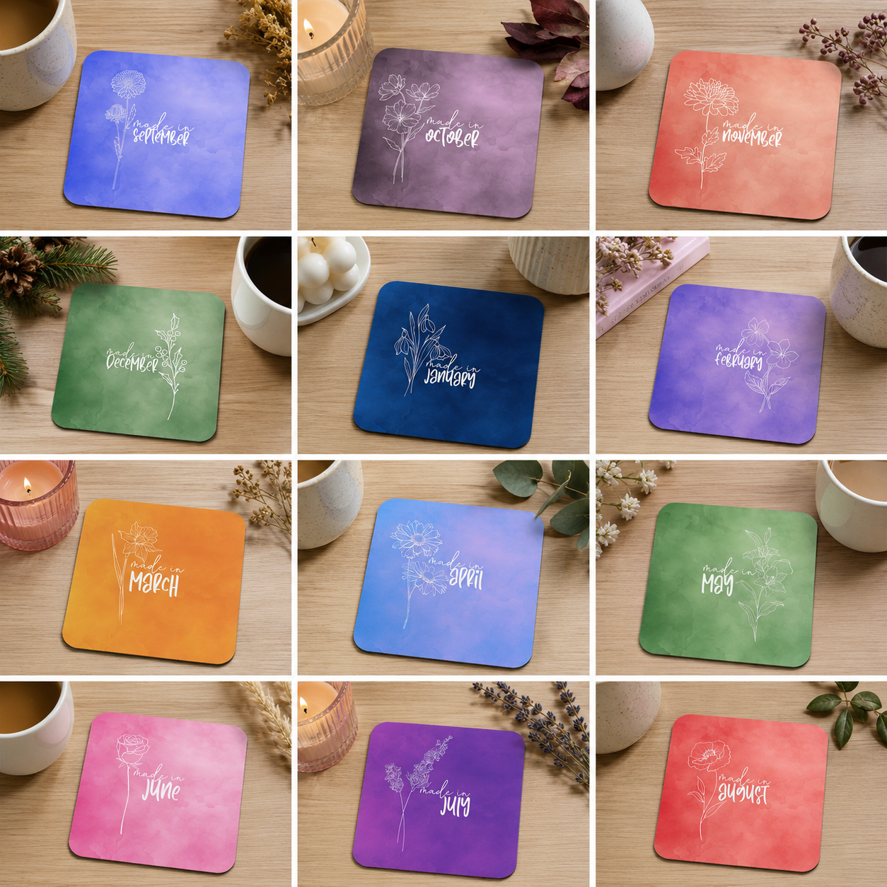Birth Month with Birth Flower Coaster