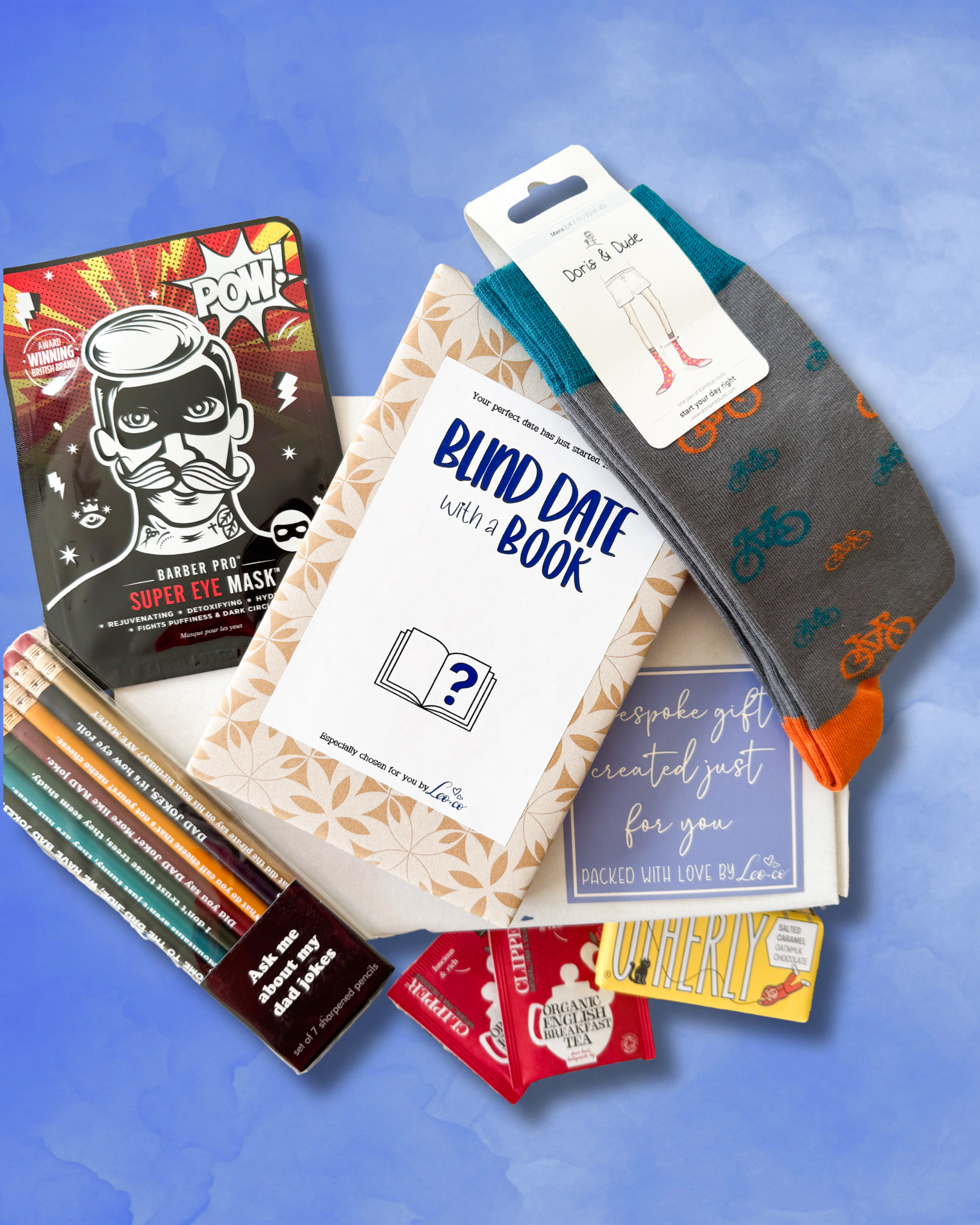 The Blind Date with a Book Gift Box FOR MEN (Pick your book genre, plus at least 4 mystery goodies)