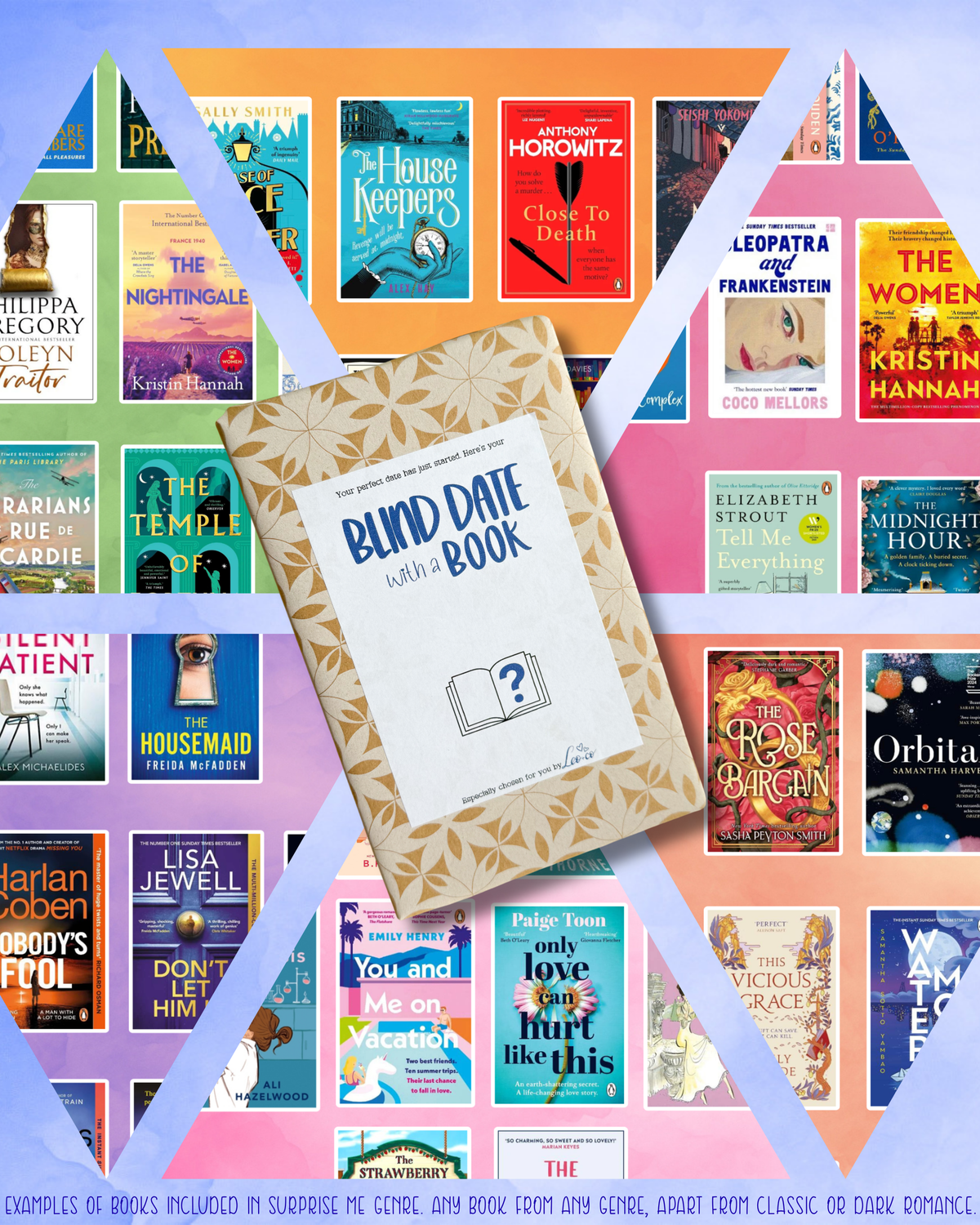 A promotional collage for a book blind date service, featuring a Blind Date With A Book in Surprise Me with a gold floral border and a question mark icon, surrounded by a grid of various book examples. The background is a pastel gradient of purple, pink, and blue with diagonal striped overlays. The Blind Date With A Book includes books from all genres which include romance books, thriller books, historical fiction books, cosy crime books, fantasy books and emotive books. Classic books and dark romance books
